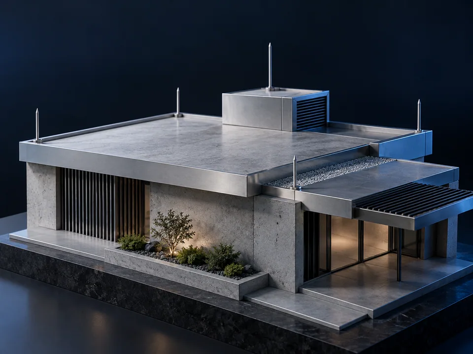 Composição conceitual de arquitetura e elementos de um sistema de proteção contra descargas atmosféricas.